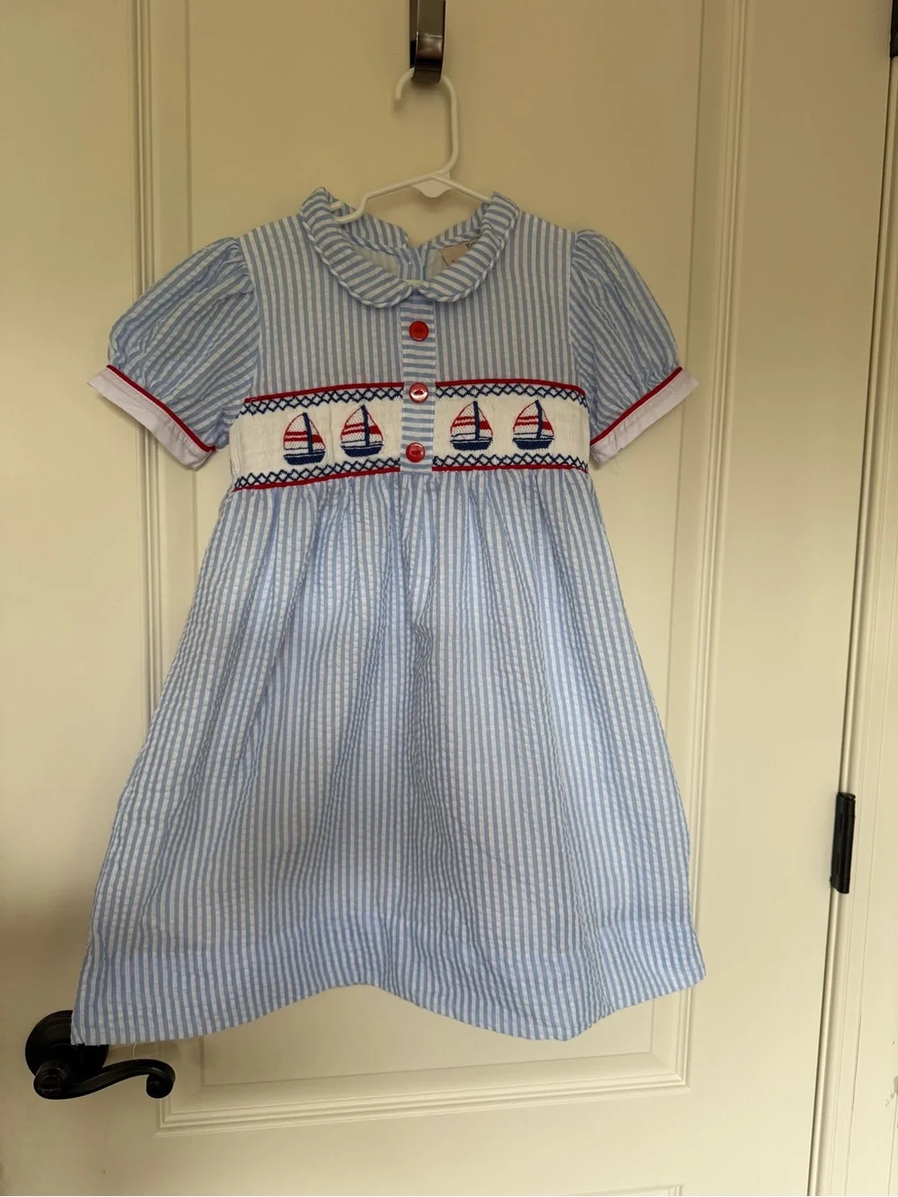 Smockingbird Girls Smocked Sailboat Seersucker Dress Size 5